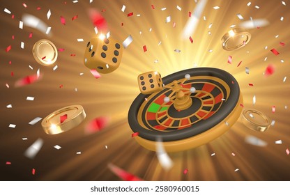 Realistic 3d casino game concept. Roulette wheel, dice, golden coin, confetti. Gambling concept. Vector illustration.