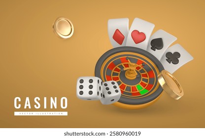 Realistic 3d casino game concept. Roulette wheel, playing cards, poker chips, dice, golden coin. Gambling concept. Vector illustration.