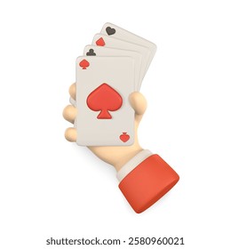 Realistic 3d casino game concept. Cartoon hand holding playing cards. Casino player arm. Vector illustration.