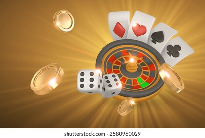 Realistic 3d casino game concept. Roulette wheel, playing cards, dice, golden coin. Gambling concept. Vector illustration.