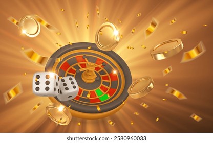 Realistic 3d casino game concept. Roulette wheel, dice, golden coin, confetti. Gambling concept. Vector illustration.