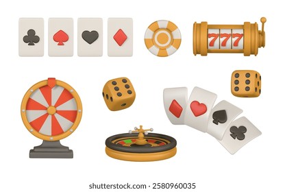 Realistic 3d casino game concept. Slot machine, roulette wheel, wheel of fortune, playing cards, poker chips, dice. Gambling concept. Vector illustration.