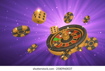 Realistic 3d casino game concept. Roulette wheel, poker chips, confetti. Gambling concept. Vector illustration.