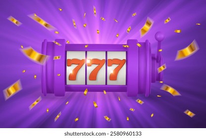 Realistic 3d casino game concept. Slot machine with confetti. Gambling concept. Vector illustration.