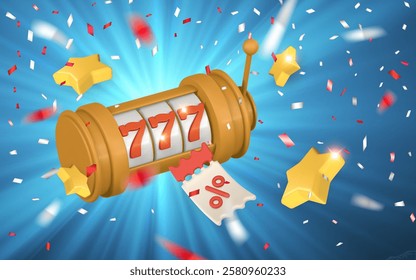 Realistic 3d casino game concept. Slot machine, confetti. Gambling concept. Vector illustration.