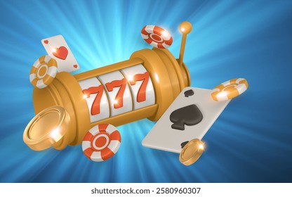 Realistic 3d casino game concept. Slot machine, playing cards, poker chips. Gambling concept. Vector illustration.