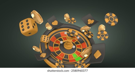 Realistic 3d casino game concept. Roulette wheel, poker chips, dice. Gambling concept. Vector illustration.