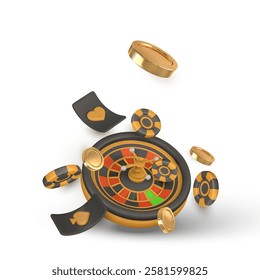 Realistic 3d casino game concept. Roulette wheel, poker chips, dice. Gambling concept. Vector illustration.