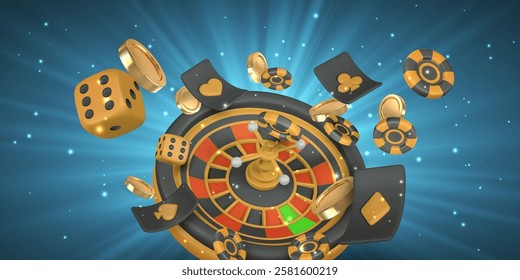 Realistic 3d casino game concept. Roulette wheel, poker chips, dice. Gambling concept. Vector illustration.