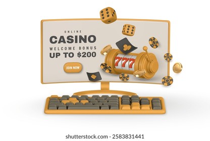 Realistic 3d casino game concept. Slot machine, playing cards, poker chips, Pc monitor, keyboard, dice, golden coin in cartoon style. Gambling concept. Vector illustration.