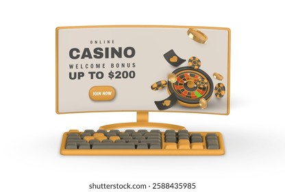 Realistic 3d casino game concept. Roulette wheel, Pc monitor, keyboard, dice, golden coin in cartoon style. Gambling concept. Vector illustration.