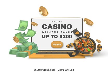 Realistic 3d casino game concept. Roulette wheel, laptop, green stack of money, dice, golden coin. Vector illustration.
