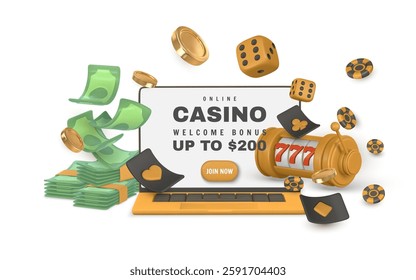 Realistic 3d casino game concept. Slot machine, playing cards, poker chips, laptop, green stack of money, dice, golden coin. Vector illustration.