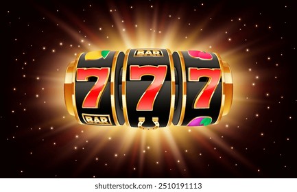 Realistische 3D-Casino-Jackpot-Spielautomat mit goldenen Elementen auf dunklem Hintergrund. Spieldesign-Elemente. Online-Casino-Banner.