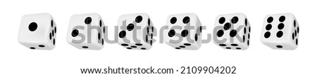Realistic 3d casino rolling dice showing numbers one to six. Board game cubes playing variants. Gambling dice roll, craps throw vector set. Different combinations for lucky chance or fortune