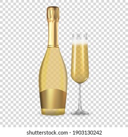 Realistic 3D champagne Golden  Bottle and Glass Icon isolated on white background. Vector Illustration