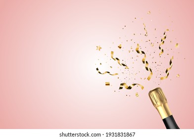 Realistic 3D champagne Golden Bottle with Confetti. party pink background. Vector Illustration EPS10