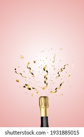 Realistic 3D champagne Golden Bottle with Confetti. party background. Vector Illustration EPS10