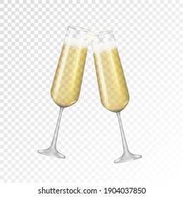 Realistic 3D champagne Golden Glass Icon isolated on transparent background. Vector Illustration