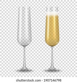 Realistic 3D champagne Golden Glass isolated on transparent background. Vector Illustration
