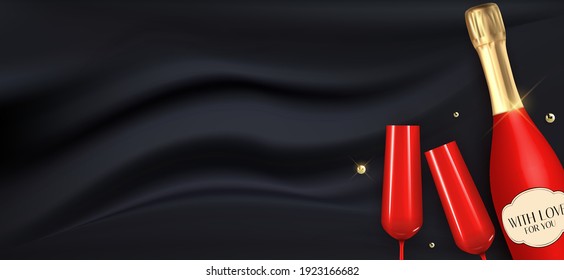 Realistic 3D champagne Red Bottle and Glasses on black silk background. Vector Illustration EPS10