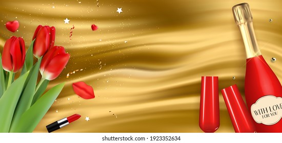 Realistic 3D champagne Red Bottle, Glasses and Tulips on golden silk background. Vector Illustration EPS10