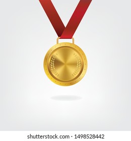 Realistic 3d Champion Gold medal with red ribbon vector illustration