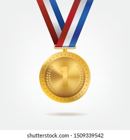 Realistic 3d Champion Gold medal with red ribbon vector illustration