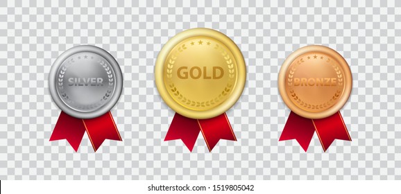 Realistic 3d Champion Gold medal with red ribbon vector illustration