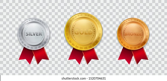 Realistic 3d Champion Gold medal with red ribbon vector illustration