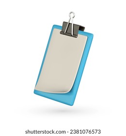 Realistic 3d check list on clip board. Clipboard with document. Business, office and education concept in cartoon style. Vector illustration.
