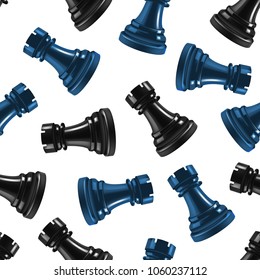 Realistic 3d Chess Black Rook Seamless Pattern Background Gaming Figure for Strategic Business Game or Hobby Leisure. Vector illustration of Tower Shape Chessboard