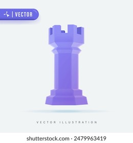 Realistic 3d Chess Purple Rook Gaming Figure for Strategic Business Game or Hobby Leisure. Vector illustration of Dark Tower Shape Chessboard