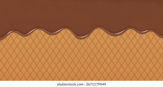 Chocolate 3D realista goteando por un cono de gofre. Fondo de Vector 3D. Perfecto para proyectos de diseño con temas publicitarios, de empaque o de postres