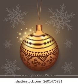 Realistic 3D Christmas Ball with a lace pattern on a background of scattered snowflakes.
