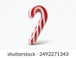 Realistic 3D Christmas Candy Cane Isolated on Transparent Background. 