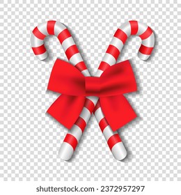 Realistic 3d christmas candy cane with red bow on transperent background. Mint hard candy cane striped in Xmas colours. Vector illustration