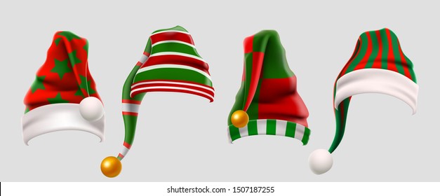 Realistic 3D Christmas elf hats in red and green colors, perfect for holiday decorations, winter accessories, or fun photo booth props. Ideal for festive costumes and seasonal designs.