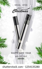 Realistic 3d Christmas holiday sale web banner template. Cosmetic ad decoration. New Year special offer promotional poster vector illustration.