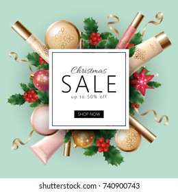 Realistic 3d Christmas holiday sale web banner template. Cosmetic makeup product ad decoration holly branches. New Year special offer square frame promotional poster vector illustration