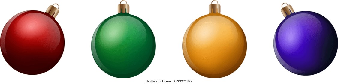 Realistic 3D Christmas multicolored balls on transparent background. New Year's bright toys with shadows and highlight. Red, green, blue, yellow Elements for banners, posters, templates, social media.