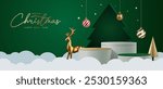 Realistic 3D Christmas podium on a red background. Christmas tree, deer, star and ornament on the stage. Perfect for product display, mockups, showrooms and showcases. Vector illustration