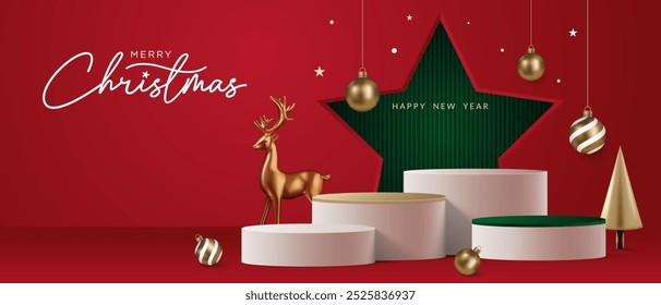 Realistisches 3D-Weihnachtspodium auf rotem Hintergrund. Christbaum, Hirsch, Stern und Ornament auf der Bühne. Perfekt für Produktpräsentationen, Mockups, Showrooms und Showcases. Vektorgrafik