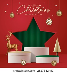 Realistic 3D Christmas podium on a red background. Christmas tree, deer, star and ornament on the stage. Perfect for product display, mockups, showrooms and showcases. Vector illustration