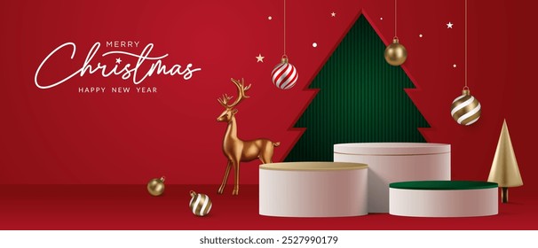 Realistic 3D Christmas podium on a red background. Christmas tree, deer, star and ornament on the stage. Perfect for product display, mockups, showrooms and showcases. Vector illustration