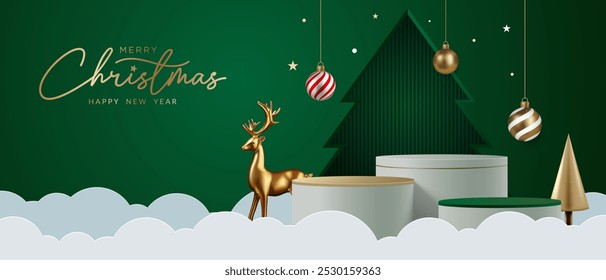 Realistisches 3D-Weihnachtspodium auf rotem Hintergrund. Christbaum, Hirsch, Stern und Ornament auf der Bühne. Perfekt für Produktpräsentationen, Mockups, Showrooms und Showcases. Vektorgrafik