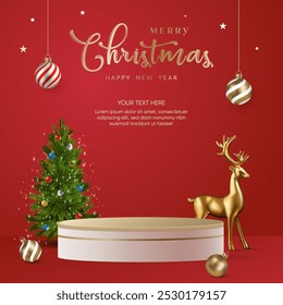 Realistic 3D Christmas podium on a red background. Christmas tree, deer, star and ornament on the stage. Perfect for product display, mockups, showrooms and showcases. Vector illustration