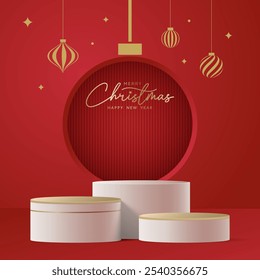 Realistic 3D Christmas podium on a red background. Christmas tree, deer, star and ornament on the stage. Perfect for product display, mockups, showrooms and showcases. Vector illustration