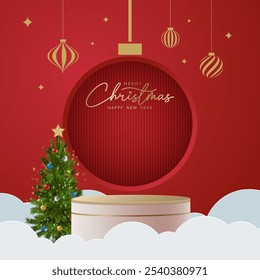 Realistic 3D Christmas podium on a red background. Christmas tree, deer, star and ornament on the stage. Perfect for product display, mockups, showrooms and showcases. Vector illustration