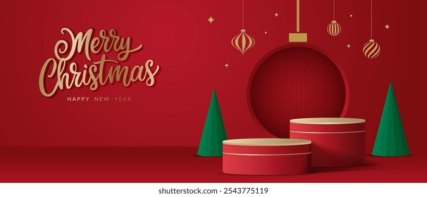 Podio realista de las Navidades 3D sobre un fondo rojo. Árbol de Navidad, ciervo, estrella y adorno en el escenario. Perfecto para exhibición de productos, maquetas, salas de exposición y vitrinas. Ilustración vectorial